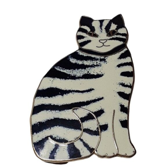Jewelry - Kitty Cat Cloisonné Art Enameled Pin Brooch Black and White Gold-Tone Wire